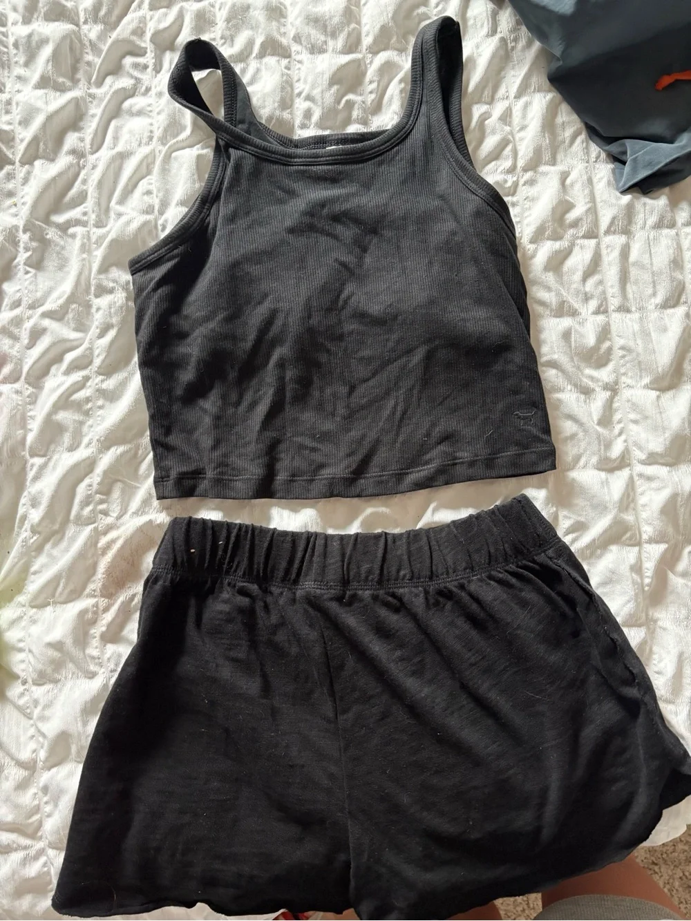 PINK Victoria's Secret Black Ribbed Tank Crop Top & Elastic Waist Shorts Set